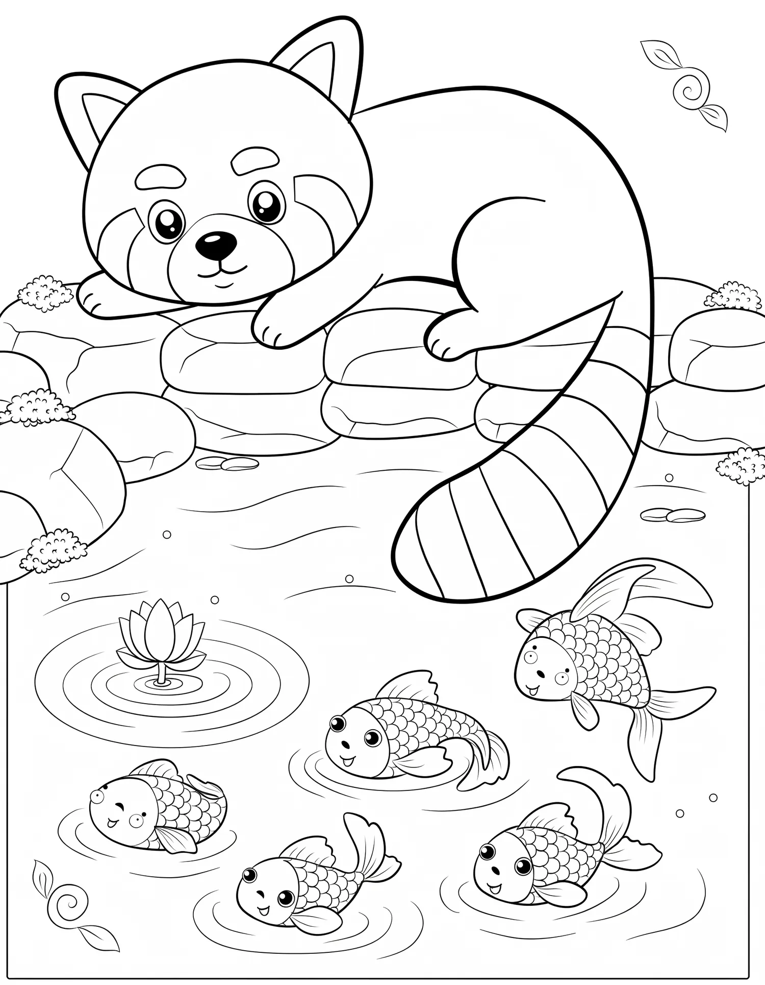 Panda Roux Kawaii au Bord du Bassin Koi - Coloriage kawaii à imprimer gratuitement
